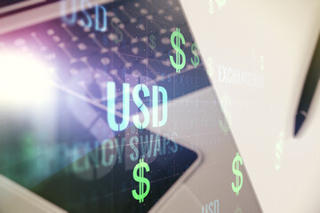 Double exposure of creative EURO USD symbols hologram on laptop background. Banking and investing concept