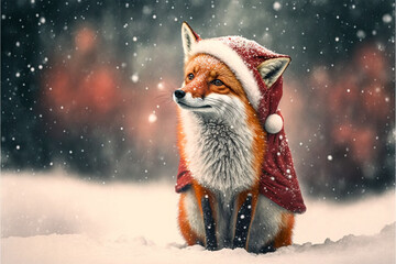 Dekokissen Little tiny fox dressed up as Santa Claus on snowing