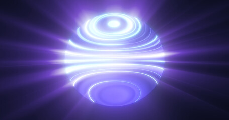 Blue glowing planet star in space glows with bright rays of the sun magical energy lines, shiny circle ball sphere. Abstract background
