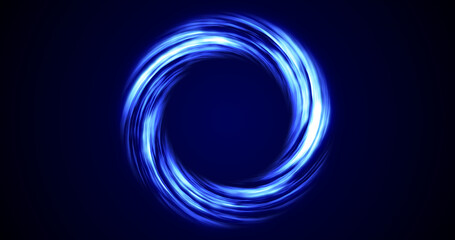 Looped twirl circle of stripes and lines of bright blue beautiful pixels magical energy glowing neon, round frame. Abstract background