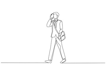 Drawing of businessman walking in the city talking on cell phone. Single continuous line art style