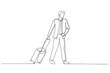 Cartoon of businessman with luggage walking. One line art style