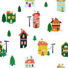 Beige Winter Houses Seamless Pattern. Illustration of Seasonal Greetings. Holiday Celebration.