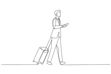 Drawing of young traveler businessman walk outside at international airport with suitcase. Single continuous line art style