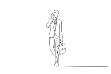 Cartoon of businessman in suit with bag on phone. One line art style