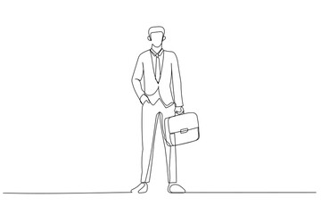 Illustration of businessman using his bag walking in his office. Single line art style