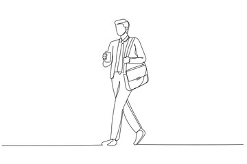Drawing of businessman drinking coffee while walking with bag. Single continuous line art style