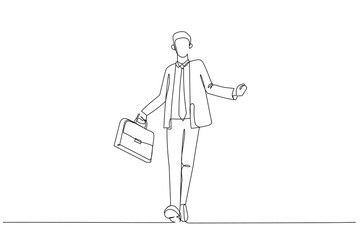 Illustration of businessman wearing glasses and holding a hand case, welcoming while walking. Single line art style