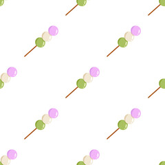 Vector seamless pattern with pink, white and green dango. White background with japanese traditional dessert with 3 different colors. Hanami Dango. Asian food.