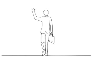 Drawing of businessman in suit holding fist in the air and celebrating, holding suitcase and walking. Single continuous line art style