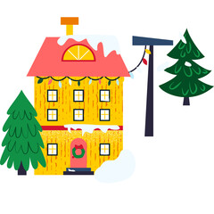 Winter House Night Mountains. Illustration of Seasonal Greetings. Holiday Celebration.