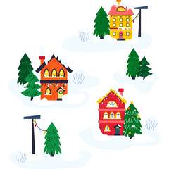 Winter Houses Beige Postcard. Illustration of Seasonal Greetings. Holiday Celebration.