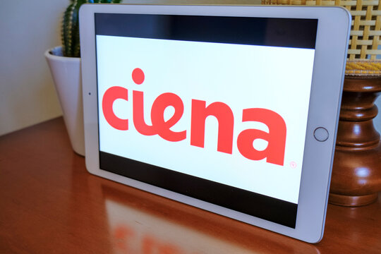May 2021 Milan, Italy: Ciena company logo icon on tablet screen in the office. Ciena illustrative brand