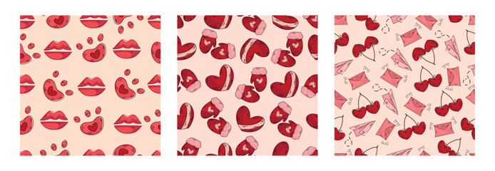 A set of patterns with drawn elements on the theme of love.