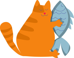 Smiling fat cat holding fish drawing on transparent background