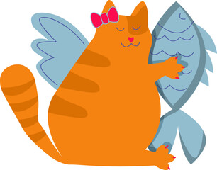 Smiling fat cat girl holding fish drawing on transparent background