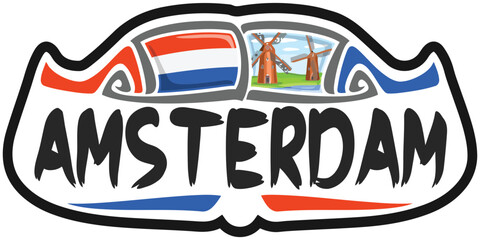 Amsterdam Netherlands Flag Travel Souvenir Sticker Skyline Landmark Logo Badge Stamp Seal Emblem EPS
