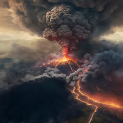 An erupting volcano spews lava from its peak.