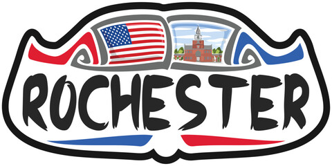 Rochester USA United States Flag Travel Souvenir Sticker Skyline Landmark Logo Badge Stamp Seal