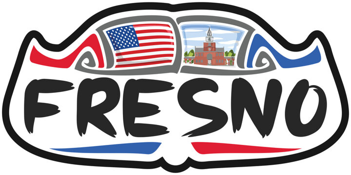 Fresno USA United States Flag Travel Souvenir Sticker Skyline Landmark Logo Badge Stamp Seal Emblem