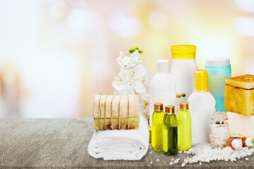 Obraz na płótnie Canvas Set of organic bath accessories and soap, towel