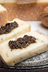 Italian cheese collection, yellow taleggio cheese with black truffles mushrooms