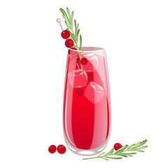 Gin fizz with cranberries.Festive cocktail with rosemary, cranberries, ice cubes.Vector illustration.
