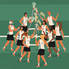 Women's lacrosse team celebrating victory, vector illustration. Female lacrosse game players on a field