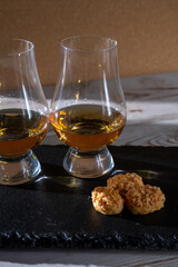 Scotch single malt and blended whisky tasting on distillery in Scotland close up