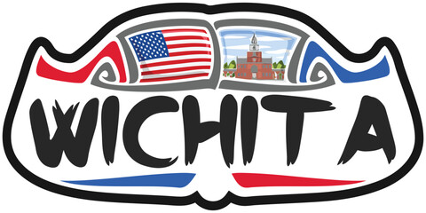 Wichita USA United States Flag Travel Souvenir Sticker Skyline Landmark Logo Badge Stamp Seal Emblem