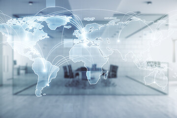 Abstract graphic digital world map hologram with connections on a modern furnished classroom background, globalization concept. Multiexposure