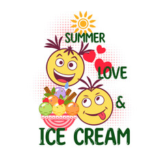 Funny colorful label with ice cream sandae, crazy emoji love couple, text Love, Summer, Ice Cream, round halftone shapes. Simple minimal style, white background. For prints, clothing, t shirt design