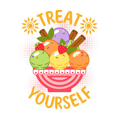 Colorful label with ice cream sundae, ice cream scoops, text Treat Yourself, sun, round halftone shapes. Simple minimal style. For prints, clothing, t shirt, surface design