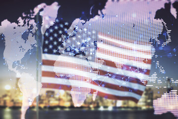 Multi exposure of abstract graphic world map on US flag and skyline background, big data and networking concept