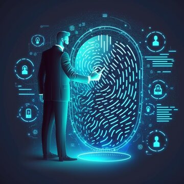 fingerprint scanning unlock and access to business data network. Cloud. Biometric identification and cyber security protect business transaction from online digital cyber attack