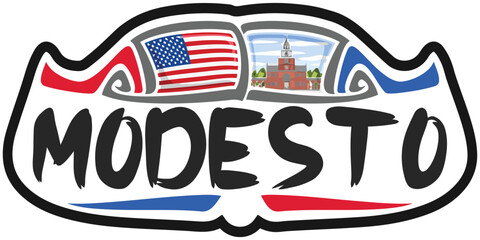 Modesto USA United States Flag Travel Souvenir Sticker Skyline Landmark Logo Badge Stamp Seal Emblem