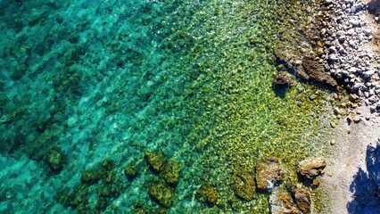 Aerial drone photo of Croatian sea with turquoise rocky seascape