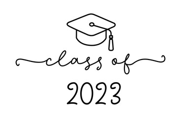 CLASS OF 2023. Graduation logo with cap and diploma for high school, college graduate. Template for graduation design, party. Hand drawn font for yearbook class of 2023. Vector illustration.
