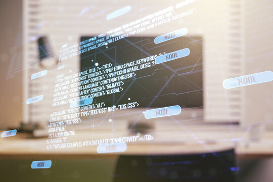 Multi exposure of abstract software development hologram on laptop background, research and analytics concept