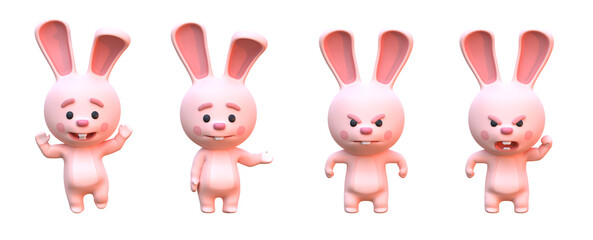 3d render of cute rabbit showing various poses, emotions, gestures