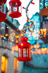 Red Christmas lantern and fairy lights. Beautiful bokeh and snow flakes © NadiaA