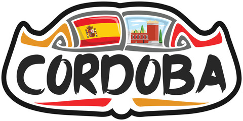 Cordoba Spain Flag Travel Souvenir Sticker Skyline Landmark Logo Badge Stamp Seal Emblem EPS