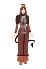 Sakha girl. Yakut woman isolated vector illustration. Beautiful woman in traditional Yakut dress. Full length middle Asian female. Yhyakh costume. 