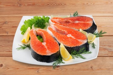 Tasty fresh salmon fish on the desk