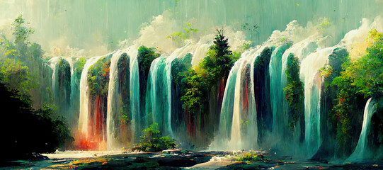 beautiful midjourney ai illustration of a waterfall painting with trees