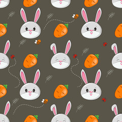 Seamless pattern bunny rabbit with carrot, cute cartoon illustration
