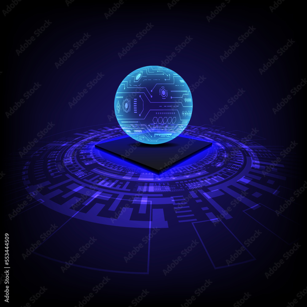 Poster background technology abstract electronic sphere floating above a 3d microchip glowing below the tec