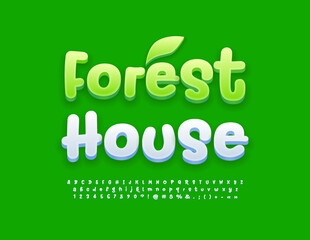 Vector eco banner Forest House.  Funny white 3D Font. Creative handwritten Alphabet Letters, numbers and Symbols set