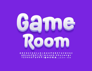 Vector funny emblem Game Room. Playful White 3D Font. Modern Alphabet Letters and Numbers set