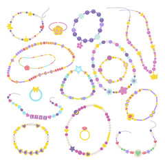 beads. kids colored jewelry for neck with beautiful pearls. Vector fashionable beads collection